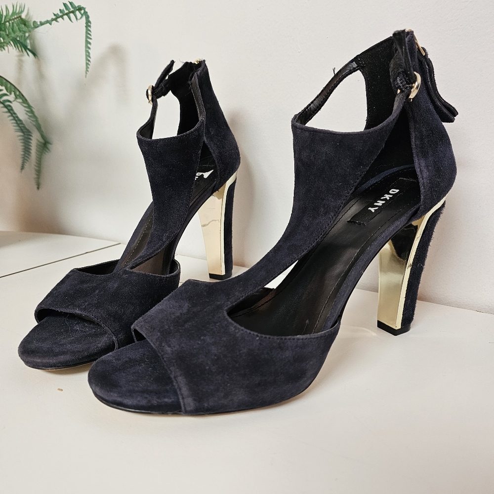 DKNY Navy Suede T Strap Heels